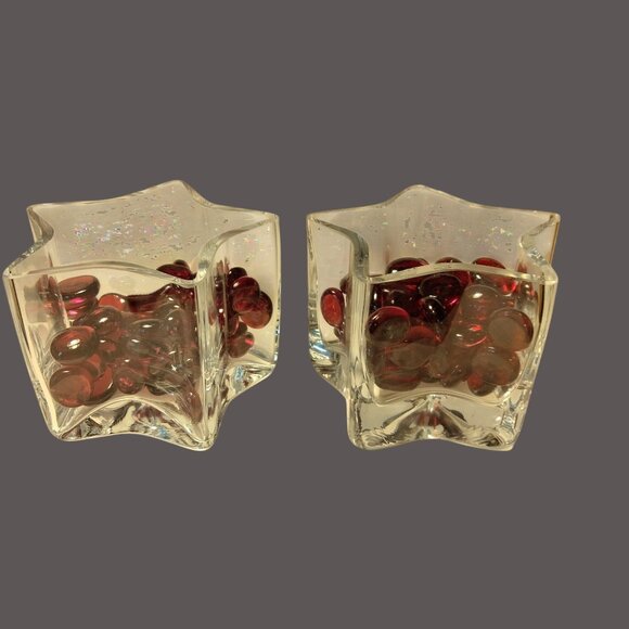 Star Shape Glass Votive Candle holder Red Marbles Tealight  Lot 2 - Picture 1 of 14